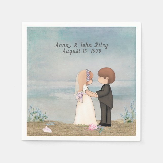 cute bride and groom on beach paper napkins (Front)