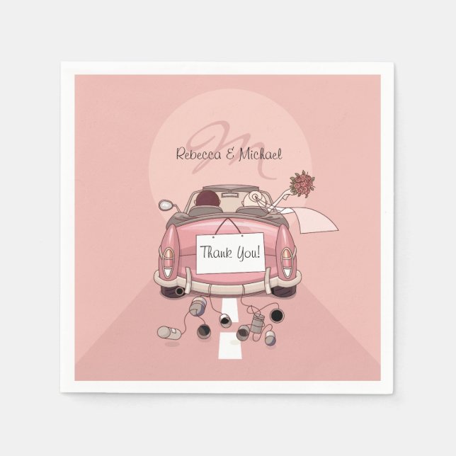 Cute Bride and Groom Pink Getaway Car Napkins (Front)