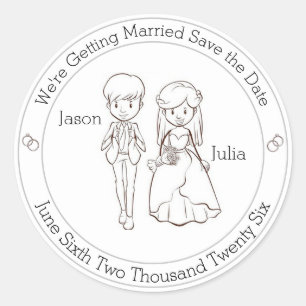 Cute Bride and Groom Save The Date Classic Round Sticker
