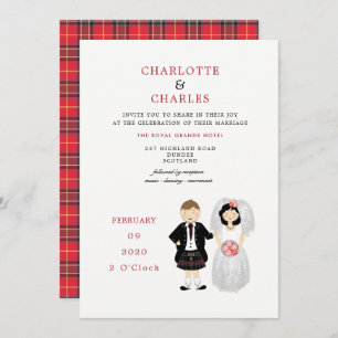 Cute Bride and Groom Scottish Tartan Wedding Theme Invitation