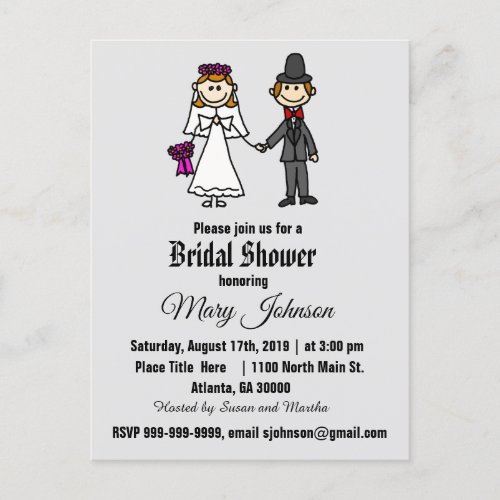 Cute Bride and Groom Stick Figures Invitation Postcard