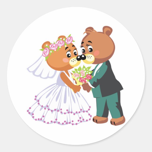 cute bride and groom teddy bears design wedding classic round sticker (Front)