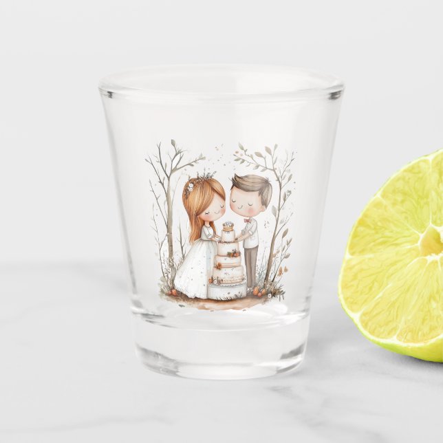 Cute Bride and Groom with cake Shot Glass (Front)