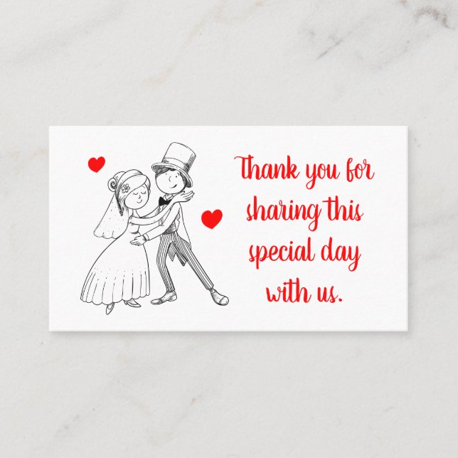 Cute Bride Groom Cartoon Red Wedding Thank You Place Card (Front)