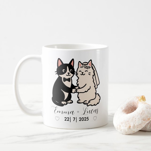 Cute Bride & Groom cats personalized name wedding  Coffee Mug (With Donut)