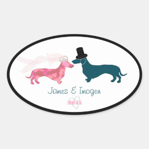 Cute Bride & Groom Dachshund Oval Sticker