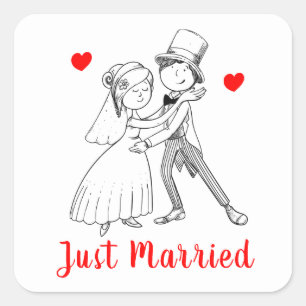 Cute Bride Groom Just Married Vintage Black White Square Sticker