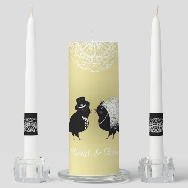 Cute Bride & Groom Love Birds Personalized Wedding Unity Candle Set (Front)