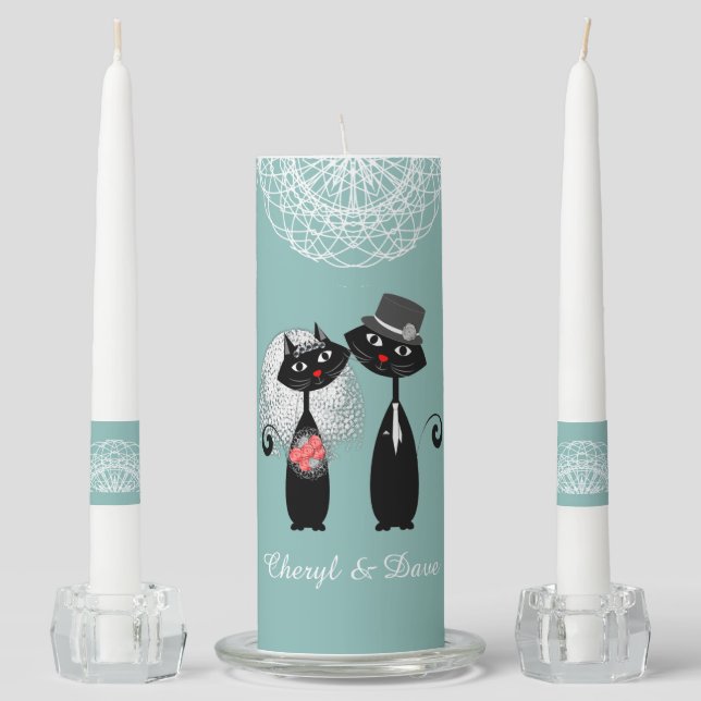 Cute Bride & Groom Lucky Black Cats Personalized Unity Candle Set (Front)
