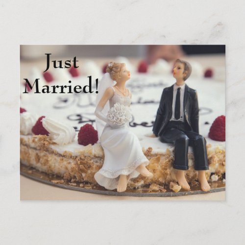 Cute Bride  Groom On White Cake Announcement Postcard