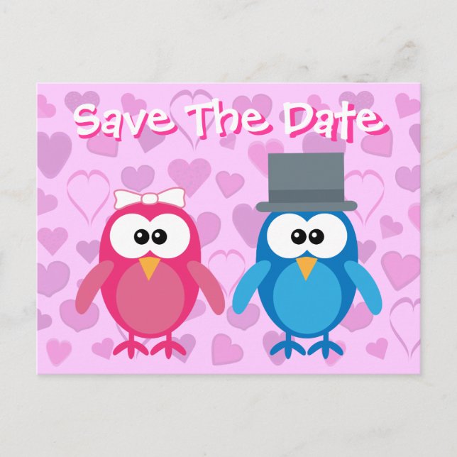 Cute Bride & Groom Owls Save The Date Wedding Announcement Postcard (Front)
