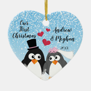Cute Bride Groom Penguins Our First Christmas Ceramic Ornament