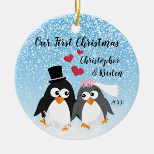 Cute Bride & Groom Penguins Our First Christmas Ceramic Ornament