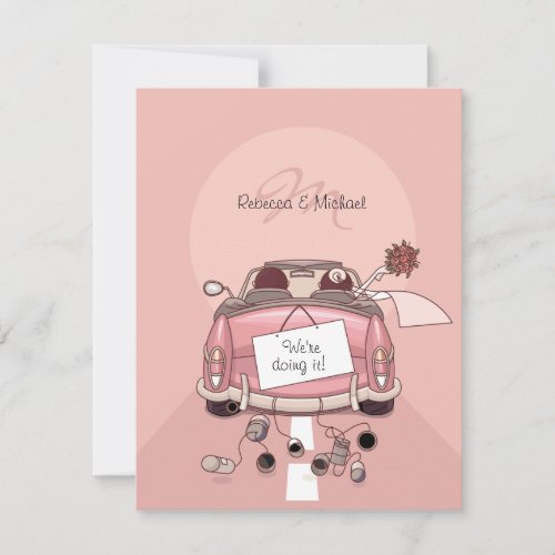 Cute Bride &amp; Groom Pink Getaway Car Personalized Invitations