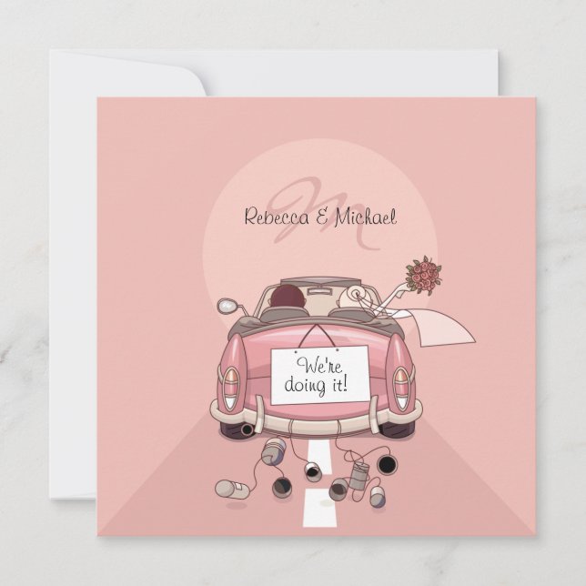 Cute Bride & Groom Pink Getaway Car Invitations (Front)