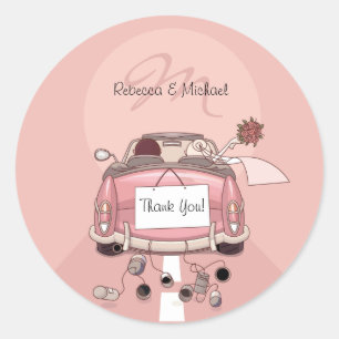 Cute Bride & Groom Pink Getaway Thank You Stickers