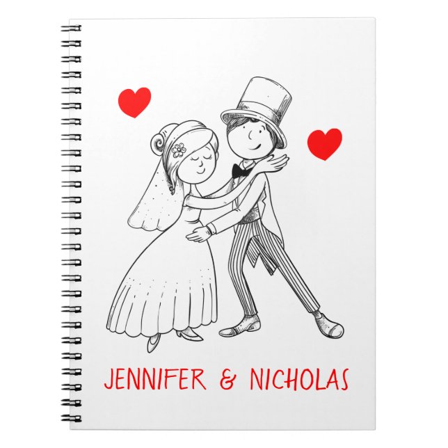 Cute Bride Groom Red White Wedding Cartoon Bridal Notebook (Front)