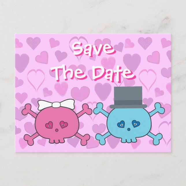 Cute Bride & Groom Skulls Save The Date Wedding Announcement Postcard (Front)