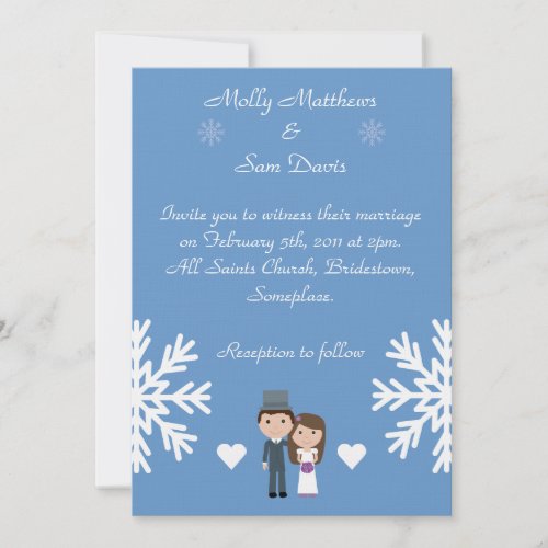 Cute Bride &amp; Groom Snowflakes Blue Winter Wedding Custom Invites