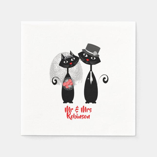 Cute Bride | Groom Wedding Cats Personalized Napkins (Front)