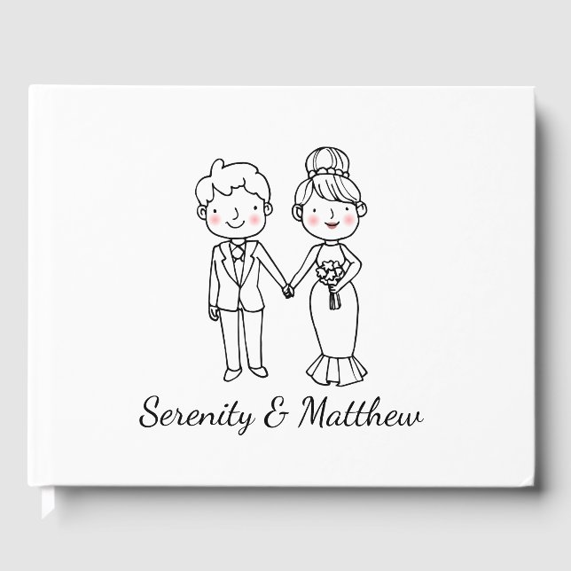Cute Bride Groom Whimsical Black White Wedding  Guest Book (Front)