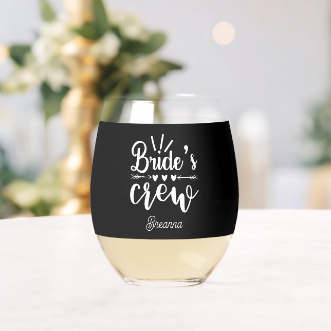 Cute Bride's crew Wedding add name Stemless Wine Glass (Insitu (Wedding))