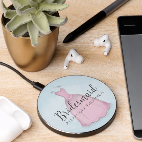 Cute Bridesmaid Watercolor Wedding Vintage Dress Wireless Charger