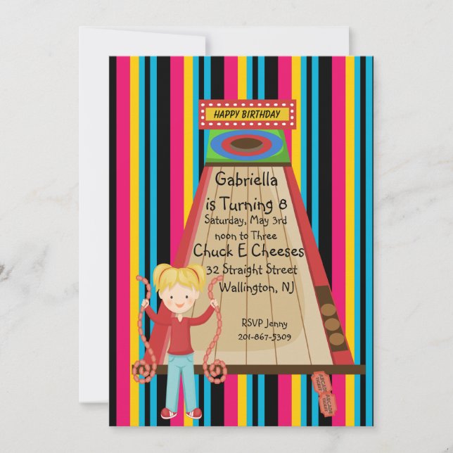 Cute, Bright, and Striped Girls Arcade Invitation (Front)