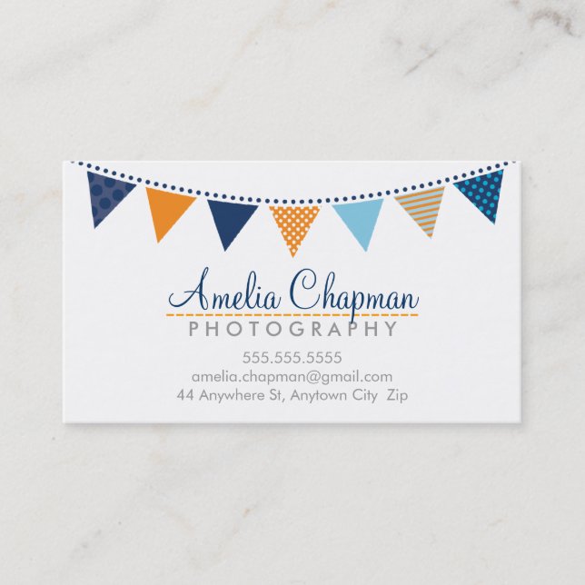 CUTE BRIGHT BUNTING bold party navy blue orange Business Card (Front)