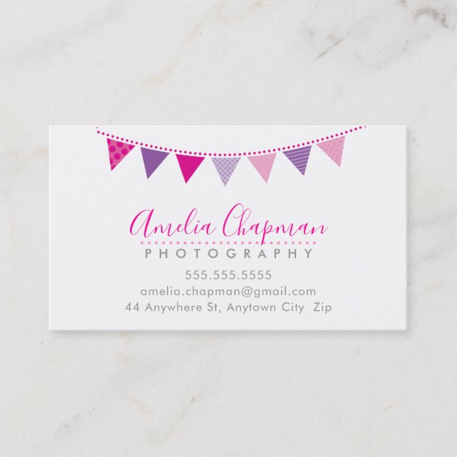 CUTE BRIGHT BUNTING bold party pretty pink purple Business Card (Front)