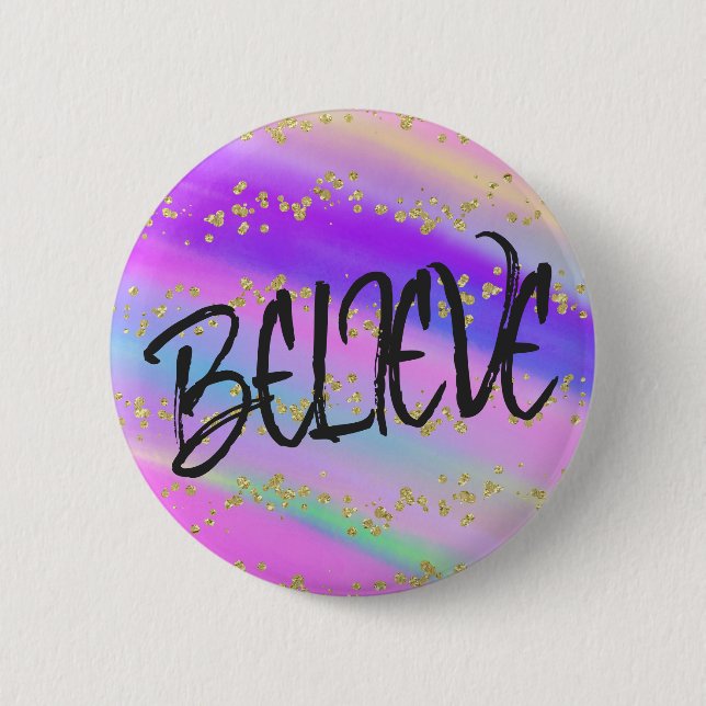 Cute Bright Colorful Believe Gold Glitter Button (Front)