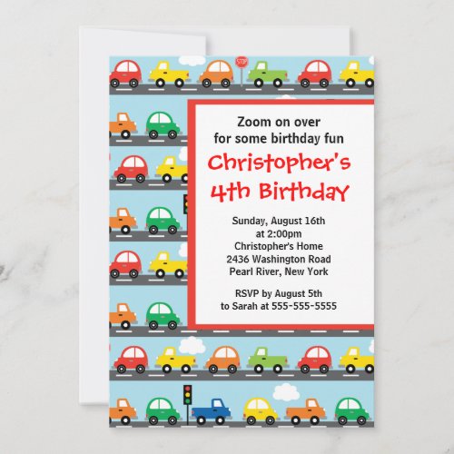Cute Bright &amp; Colorful Cars Birthday Party Custom Invitation