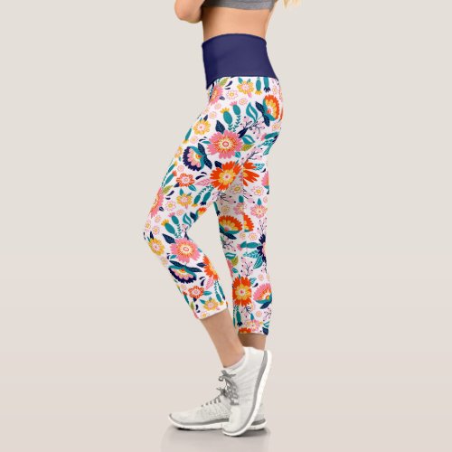 Apparel 10 Cute Bright Colorful Floral Wildflower Capri Leggings