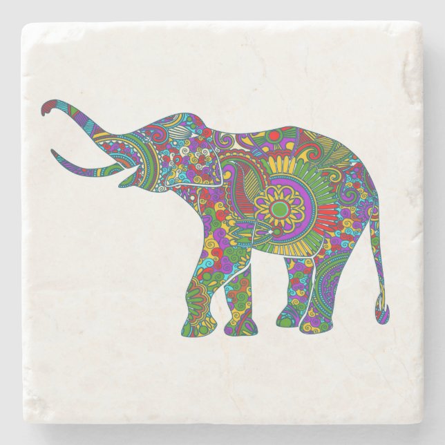 Cute Bright Colors Floral Elephant Illustration Stone Coaster (Front)