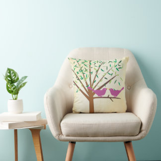Cute Bright Colors Pink Green Modern Tree Birds Throw Pillow