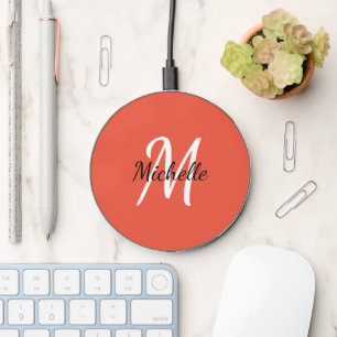 Cute Bright Coral Monogrammed Wireless Charger