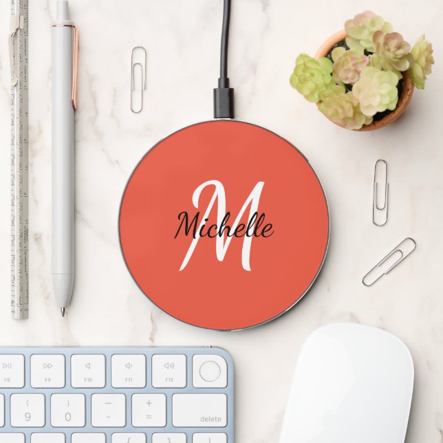 Cute Bright Coral Monogrammed Wireless Charger (Desk)