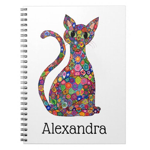 Cute Bright Geometric Pattern Cat Monogram Name Notebook