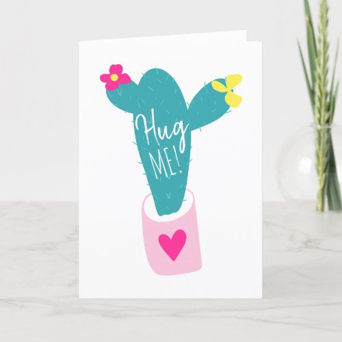 Cute bright green cactus Hug me Valentines day Card