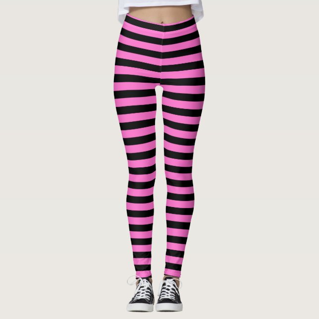 Cute Bright Hot Pink and Black Striped  Leggings (Front)