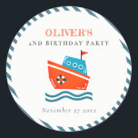 Cute Bright Kids Nautical Boat Any Age Birthday Classic Round Sticker<br><div class="desc">If you need any further customisation please feel free to message me on yellowfebstudio@gmail.com.</div>
