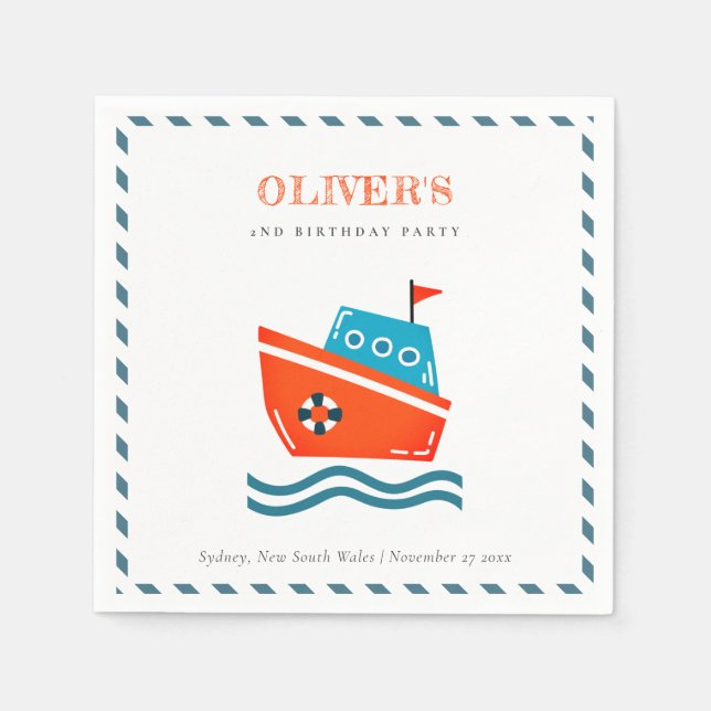 Cute Bright Kids Nautical Boat Any Age Birthday Napkins (Front)