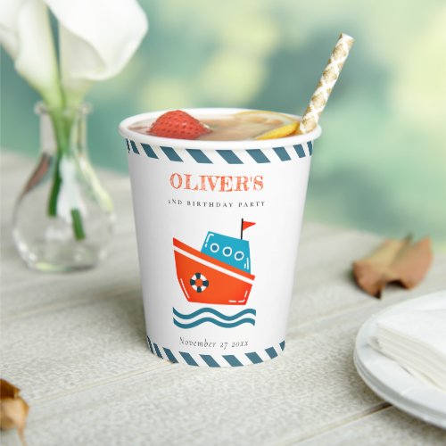 Cute Bright Kids Nautical Boat Any Age Birthday  Paper Cups
