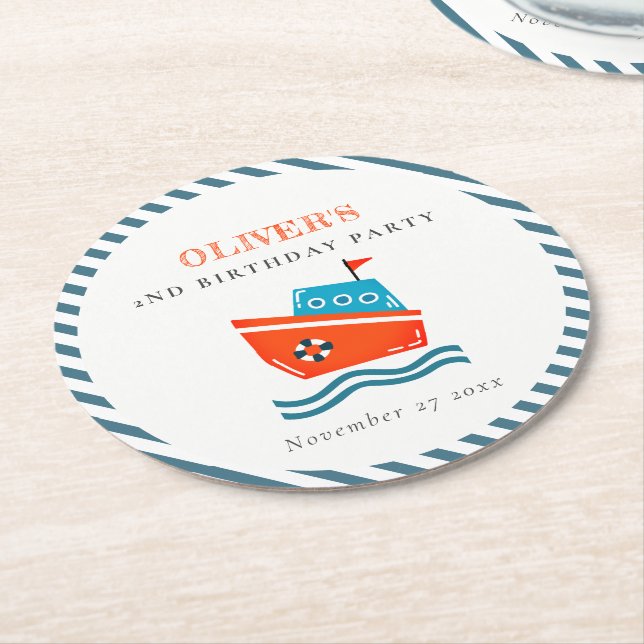 Cute Bright Kids Nautical Boat Any Age Birthday Round Paper Coaster (Angled)