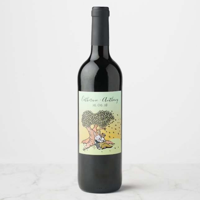 Cute Bright Love Bunny Rabbits Wedding Anniversary Wine Label (Front)