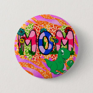 Cute Bright Mom Dinosaur Mother's Day Greeting Button