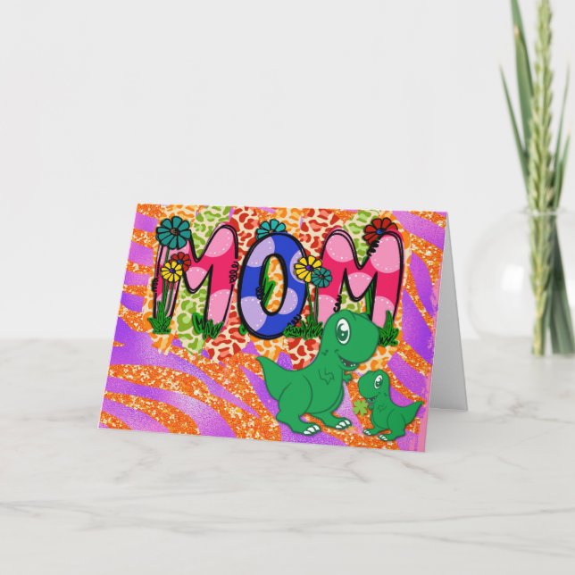 Cute Bright Mom Dinosaur Mother's Day Greeting Card (Front)