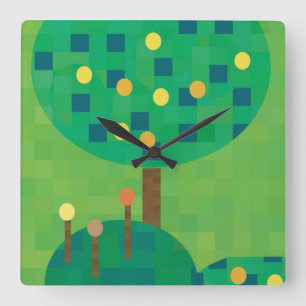 Cute bright mosaic art trees with citrus square wall clock