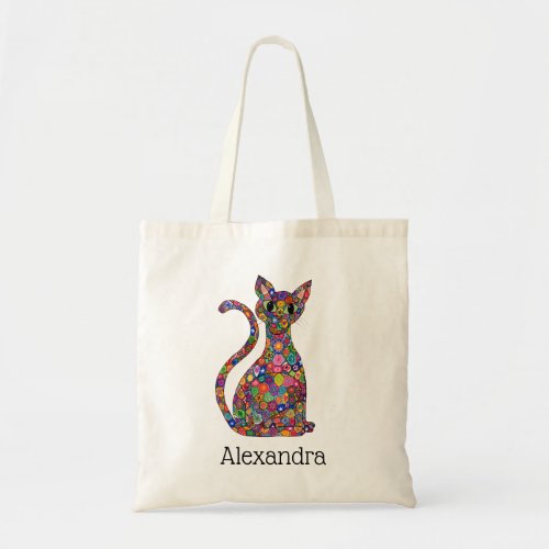 Cute Bright Mosaic Pattern Cat Monogram Name Tote Bag
