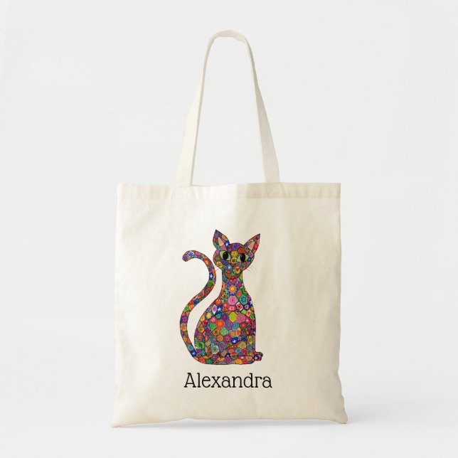 Cute Bright Mosaic Pattern Cat Monogram Name Tote Bag (Front)